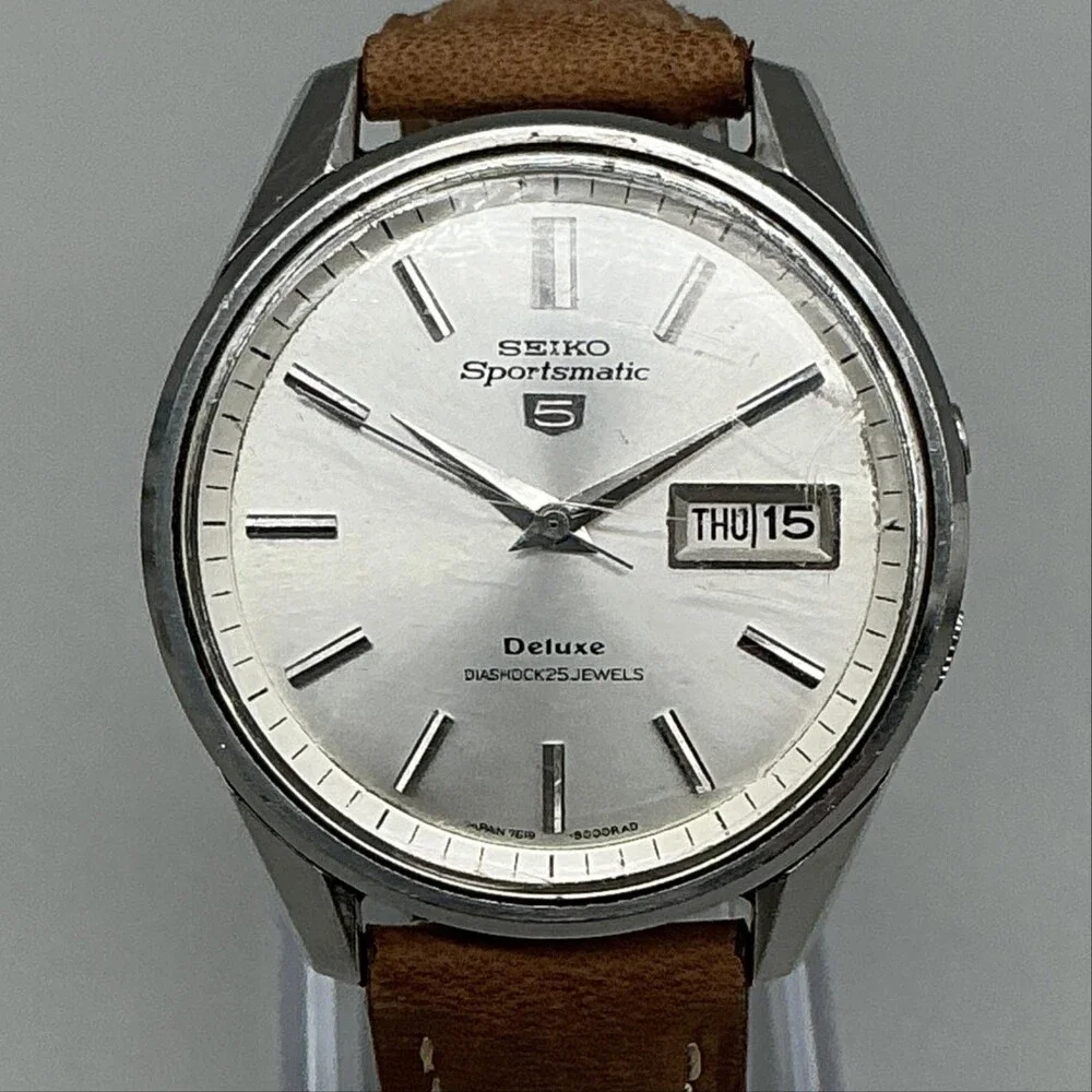 Vintage Seiko Sportsmatic 5 Deluxe Mens Watch 37mm Silver Tone Leather Automatic